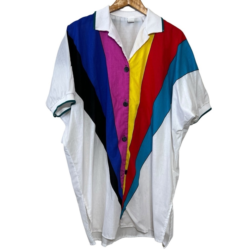 Vintage Dotti Geometric Oversized Long Wide Button Down Shirt Size Large